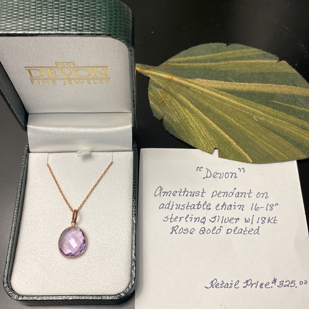 Amethyst Pendant with Sterling Silver and 18K Rose Gold Plated Chain - Picture 2 of 3